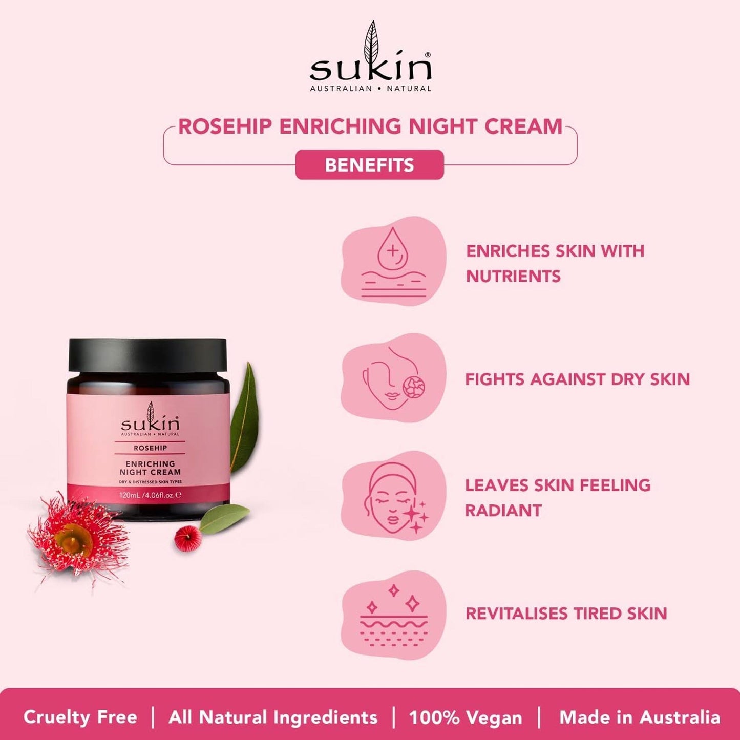 Sukin Natural Rosehip Enriching Night Cream for Dry Distressed Skin 120ml