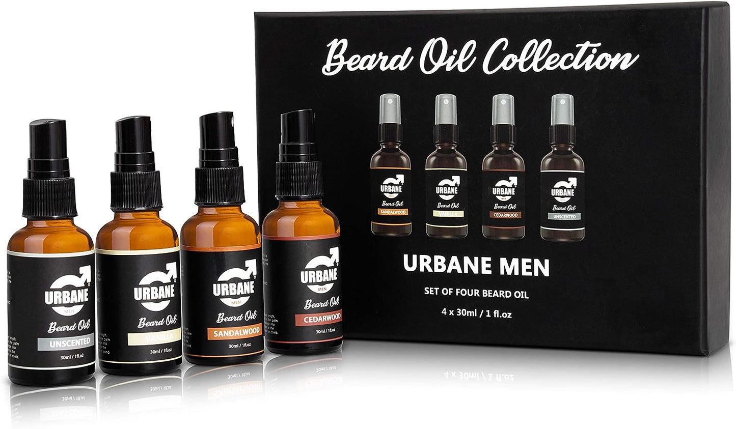 Urbane Men Beard Oil Set - Sandalwood, Cedarwood, Vanilla, Unscented - 4 x 30ml