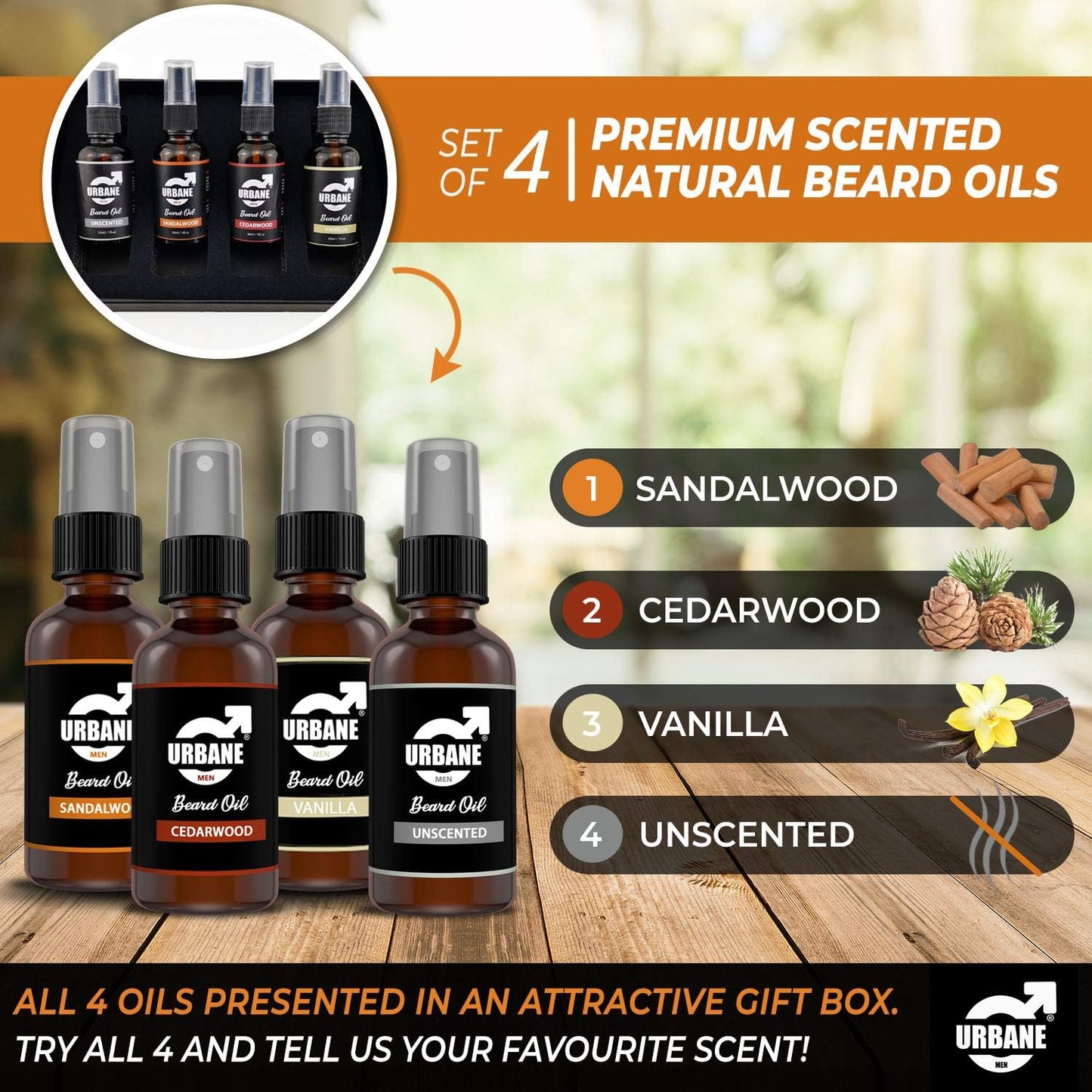 Urbane Men Beard Oil Set - Sandalwood, Cedarwood, Vanilla, Unscented - 4 x 30ml