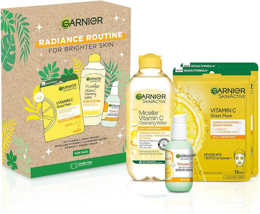 Garnier Radiance Routine 4pc Gift Set - Vitamin C Cream, Sheet Mask, Micellar