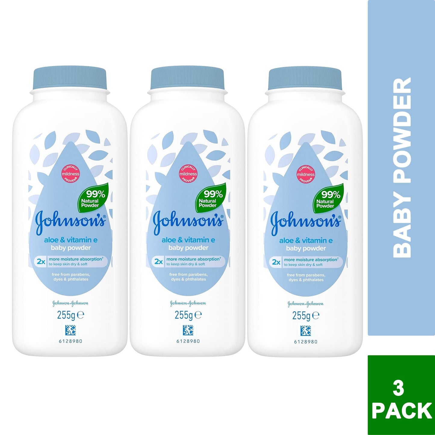 3 PACK - Johnson's Baby Powder 99% Natural with Aloe & Vitamin E - 255g