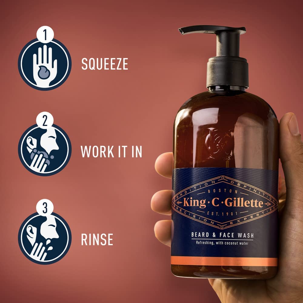 King C Gillette Beard Shampoo & Face Wash 350 ml with Coconut Water, Argan Oil