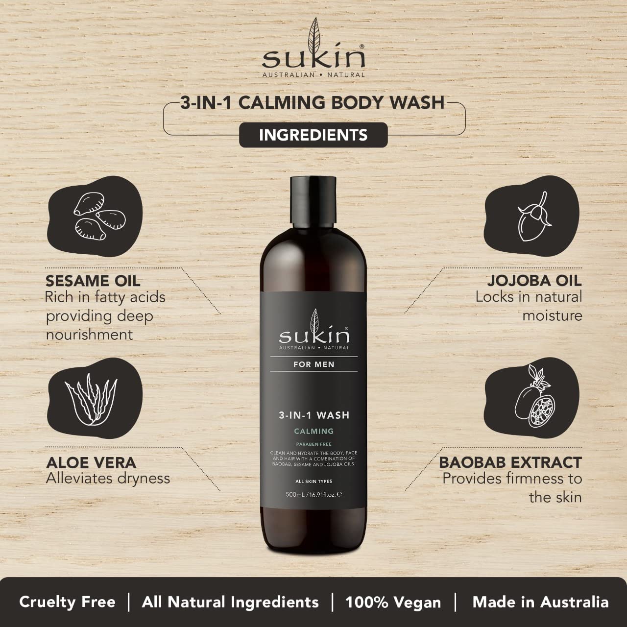 Sukin Natural for Men 3 in 1 Calming Body and Hair Wash 500ml