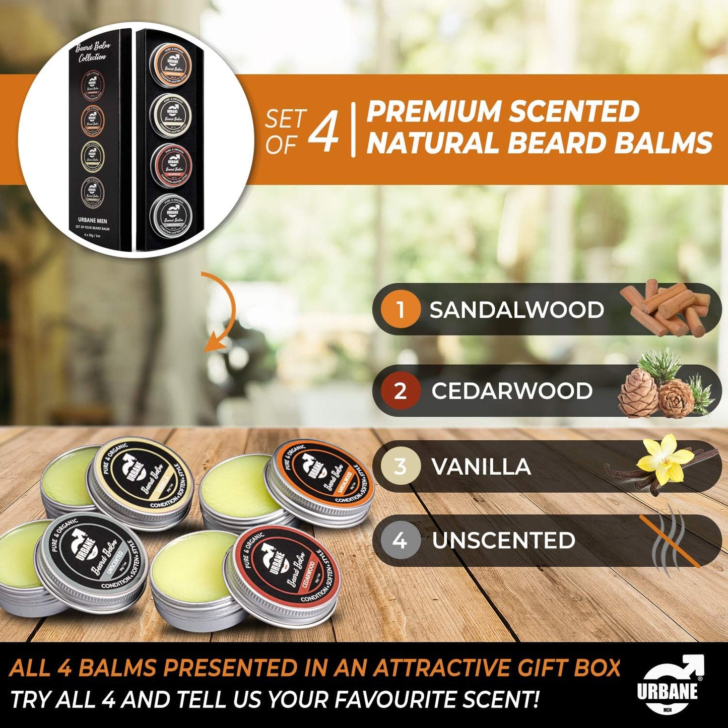 Urbane Men Beard Balm Set - Sandalwood, Cedarwood, Vanilla, Unscented - 4 x 30g