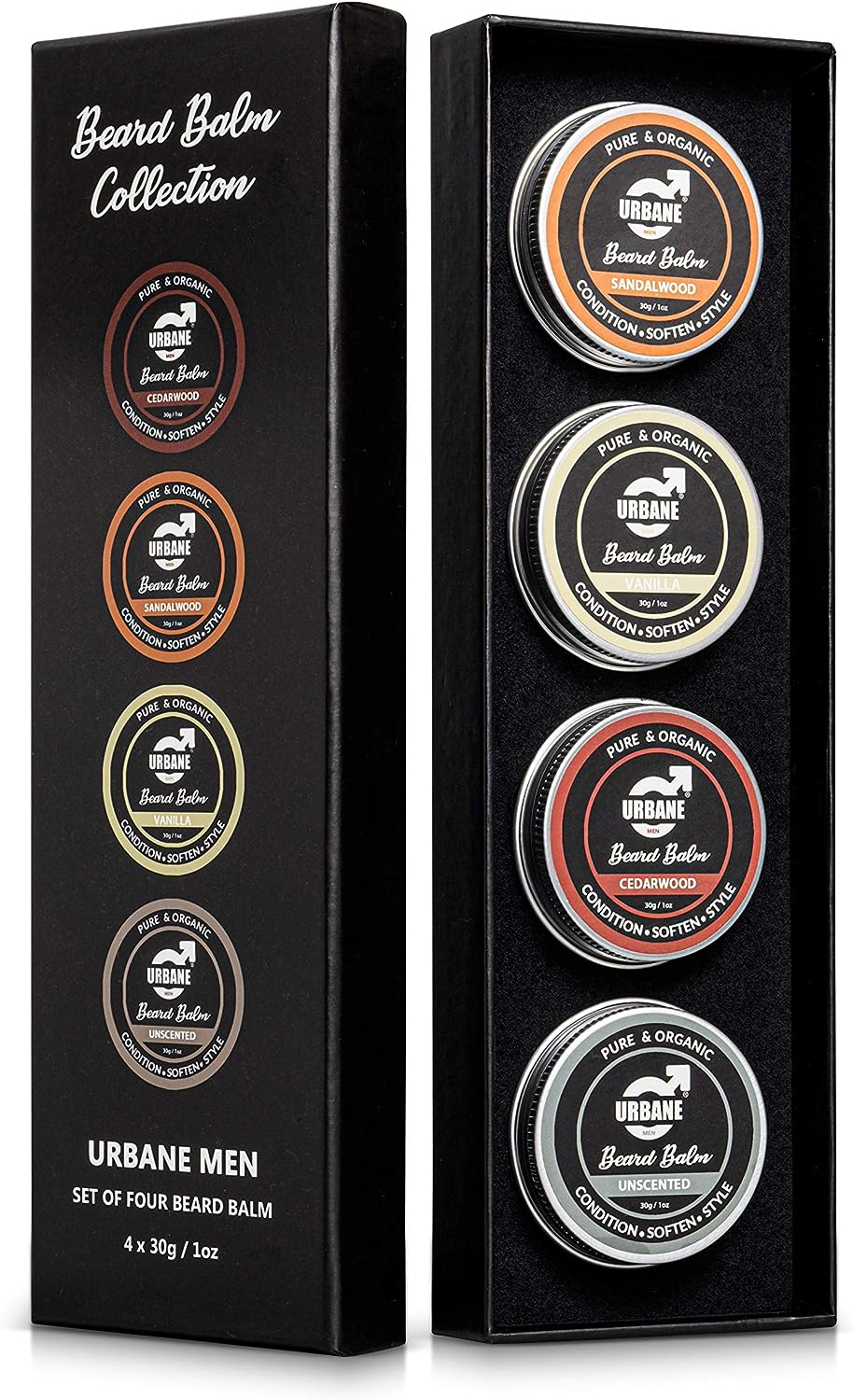 Urbane Men Beard Balm Set - Sandalwood, Cedarwood, Vanilla, Unscented - 4 x 30g