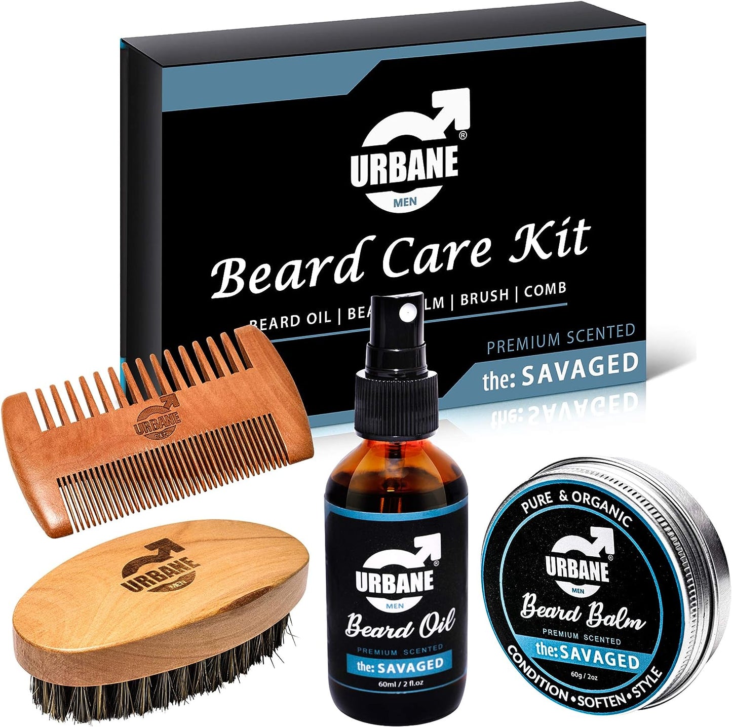 Urbane Men Beard Care Kit Premium Scented Beard Oil Balm Brush Comb - The Savaged