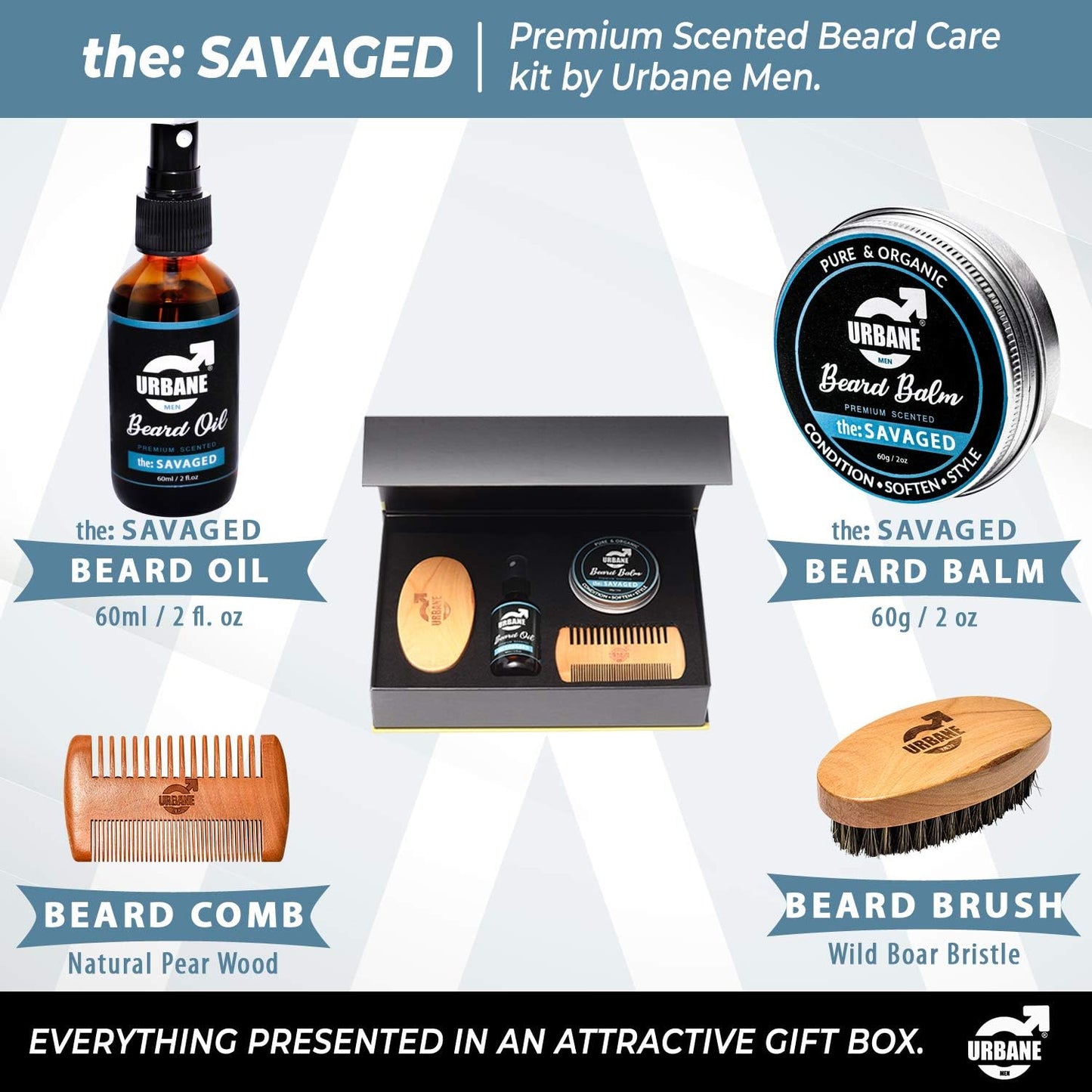 Urbane Men Beard Care Kit Premium Scented Beard Oil Balm Brush Comb - The Savaged