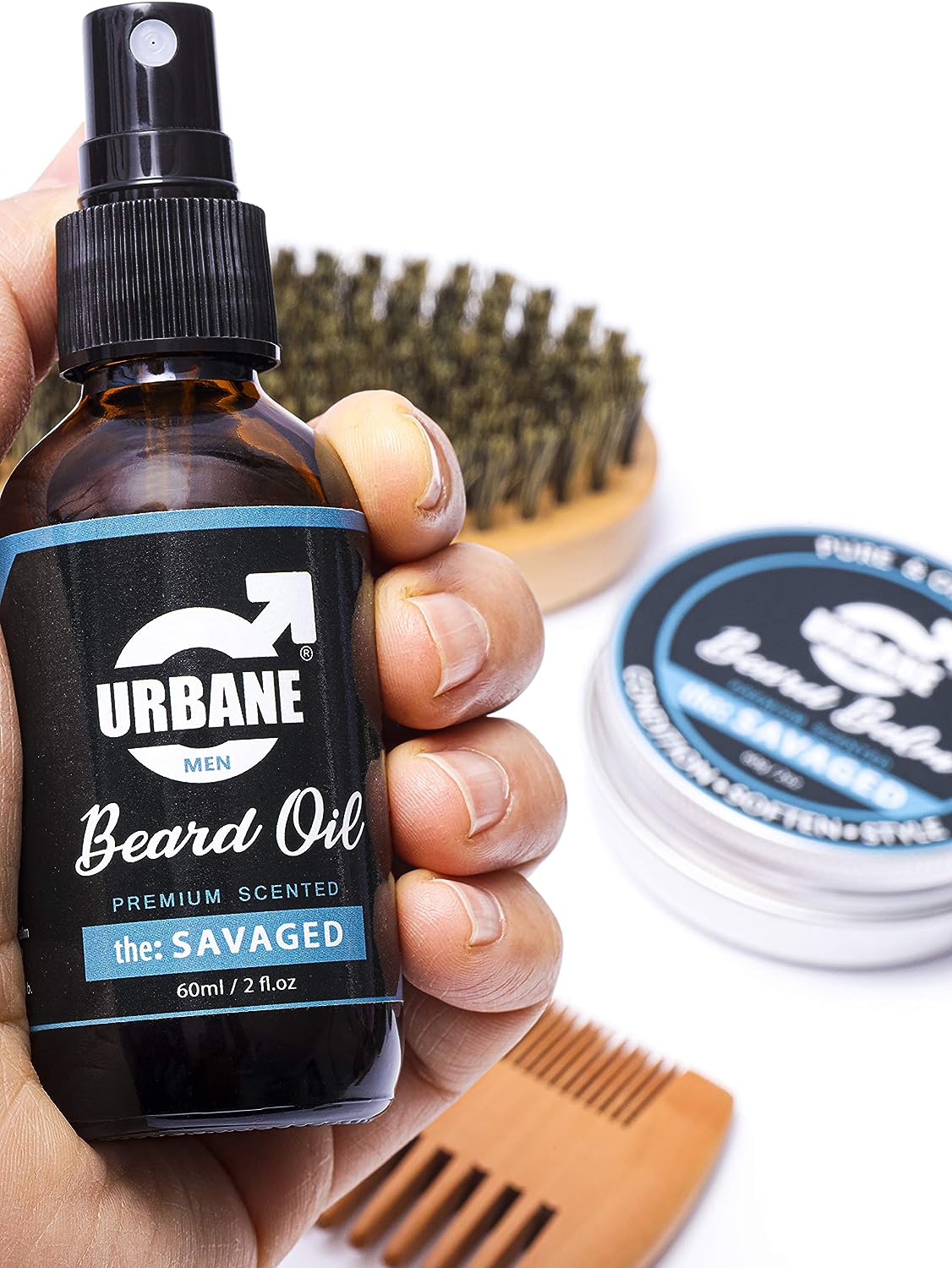 Urbane Men Beard Care Kit Premium Scented Beard Oil Balm Brush Comb - The Savaged